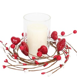 2 Pcs Valentine Heart Shaped Candle Rings Wreaths Holder Red Pip Berry Wreaths with Foam Hearts Spring Artificial for Wedding,Door Tabletop Decoration (Red)