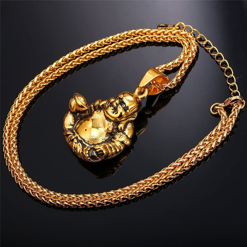 U7 Men Amulet Buddhism 18K Gold Plated Laughing Buddha Pendant