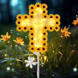 YJFWAL Solar Daisy Cross Garden Stake Lights, Yard Solar Lights Cemetery Decorations for Grave Outdoor Lights Jesus Cross Sympathy Memorial Gifts for Grandmother, for Garden Yard Lawn Patio Pathway