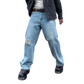 Men's Ripped Jeans Y2K Vintage Regular Fit Denim Pants Distressed Destroyed Jeans Trousers Blue S