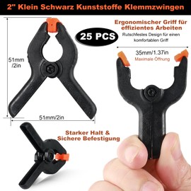 Realure Pack of 25 Spring Clamps, 2 Inch Small Black Clamping Clamps, Spring Clamps Glue Clamps with Movable and Ribbed Clamping Jaws, for Woodworking, DIY, Photo Studios (25 Pieces - 2 Inches)