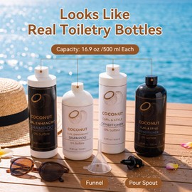 Havawish 4 Pcs Shampoo Shaped Travel Bottles for Cruise Trip, 16.9 oz Plastic Refillable Container Set, Includes Funnel, Pour Spout and Decor Stickers for Cruise Daily Essentials