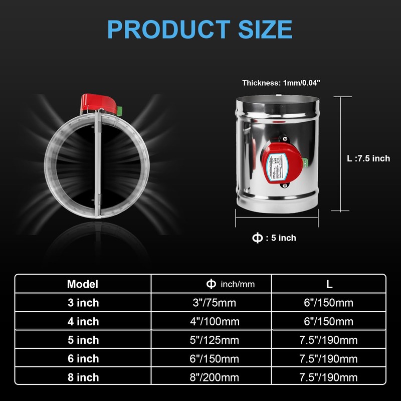 ZOWZEA 5" Motorized Duct Damper,On/Off Backdraft Damper Control, Stainless Steel