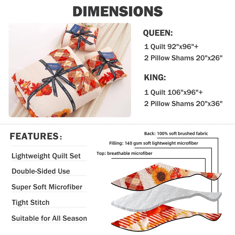 Cmfshape King Size Quilt Set Thanksgiving,Fall Pumpkin Pattern Printed Bedding