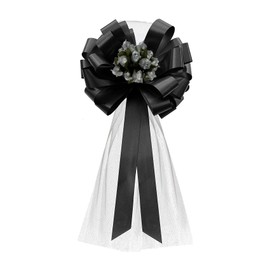 Black Pull Bows with Silver Tulle Tails and Silver Rosebuds - 8" Wide, Set of 6, Wedding Pew Bows, Aisle Decoration, Reception, Anniversary, Mourning, School Dance, Fundraiser, Event Decor