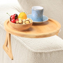 ZTHapwa Bamboo Couch Arm Tray, Round Sofa Arm Tray Table Clip on Side Table for Wide Couch, Foldable Sofa Armrest Trays for Drink/Cups/Phone/Snacks/Remote