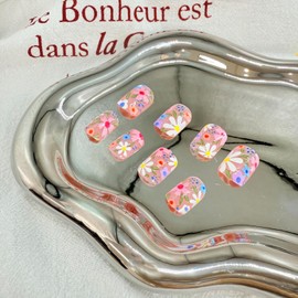 LWTZLW Summer Color Flower Press on Nails Short Almond False Nails Color Floral Full Cover Glue ons Nails Color Acrylic Fake Nail Glossy Artificial Nail Reusable for Women