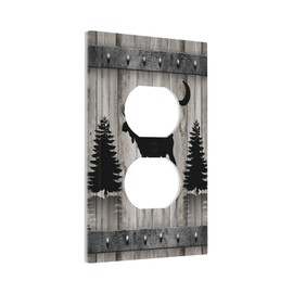 Rustic Vintage Wood Barn Door Black Elk Deer Pine Tree Moon 1 Gang Duplex Outlet Covers Decorative Wallplate Single Receptacle Artistic Light Switch Cover Electrical Switchplate for Farmhouse Bathroom