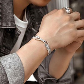 Your Always Charm Silver Feather Bracelet for Men Adjustable Silver Bangle Bracelet Vintage Feather Cuff Bracelet Silver Statement Bracelet Valentines Day Gifts for Boyfriend Husband