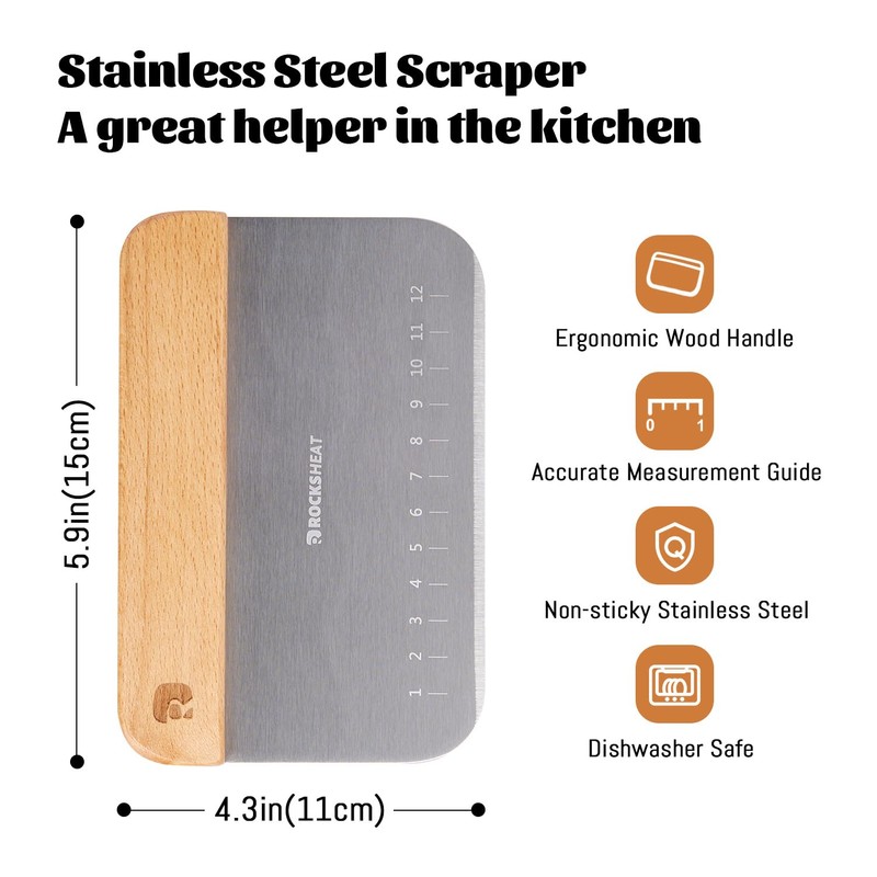 ROCKSHEAT Bench Scraper & Chopper, Stainless Steel Dough Cutter with