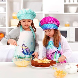 Hercicy 8 Pcs Kids Apron and Chef Hat Set for Cooking Painting Girls Toddler 5-12 Years Child Aprons Hat Oven Mittens(Mermaid Scales)