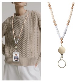 Boho Lanyards for Id Badges Gifts for Women Retractable Wood Beaded Badge Holder Teacher Cruise for Ship Cards Name Tag Cute Keychain Breakaway, White