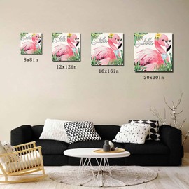 Flamingos Canvas Wall Art for Living Room Bedroom Summer Palm Leaf Paintings Tropical Plants Animal Framed Prints Pictures Wall Decor for Home Decorations, Ready to Hang, 12''x12''