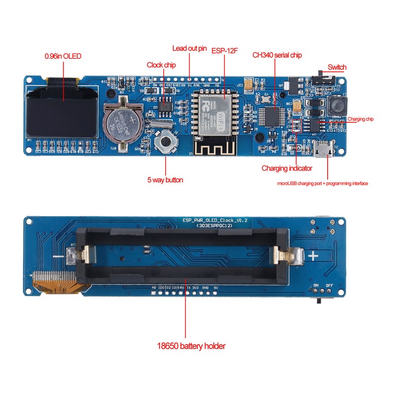 ESP8266 Clock Module Development Board with 0.96in OLED Display 18650
