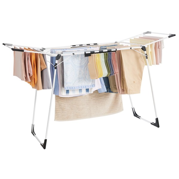 SONGMICS Clothes Drying Rack Foldable, Gullwing Laundry Drying Rack, Space-Saving, 22.2 x 68.1 x 38 Inches, Sock Clips, Metal Structure, for Clothes, Towels, Linens, Indoor/Outdoor White ULLR518W01