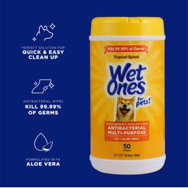 Wet Ones for Pets Antibacterial Dog Wipes, Multi-Purpose Grooming Wipes with Aloe Vera for Paws, Face & Body, Easy Cleanups Between Baths, Tropical Splash Scent, 5.7 in x 7.5 in, 50 Count