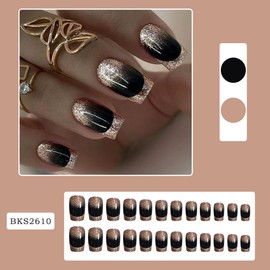 SUREGONAILS Black Light Coffee Brown Glitter French Press on False Nail Medium Short Square Shimmer Fake Nails Tips Salon Manicure Reusable DIY Fake Artificial Nails Art for Women Girls