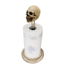Rustic White Wood Skull Stand Up Paper Towel Holder, Easy One-Handed Tear Kitchen Paper Towel Dispenser with Weighted Base for Standard Paper Towel Rolls,Rustic White