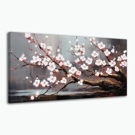 Flowers Canvas Wall Art Plum Tree Blossom Canvas Prints Artwork Colorful 3D Textured Landscape Pictures Cherry Canvas Painting Floral Large Framed for Living Room Bedroom Bathroom Office Home Decor