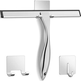 Stainless Steel Shower Squeegee for Shower Glass Door with 2 Adhesive Hooks, Bathroom Cleaner Tool Household Window Mirror Squeegee for Glass Doors, Cleaning Tile Wall, Car, 10 Inch Silver - Color: Silver, Size: 10-Inch