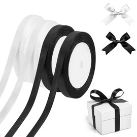 Haocjanc 2 Colours Satin Ribbon, 4 Rolls 10 mm x 22 m Black and White Satin Ribbon, Decoration Gift Ribbon, Polyester Fibre Ribbon for Wedding, Birthdays and Funerals
