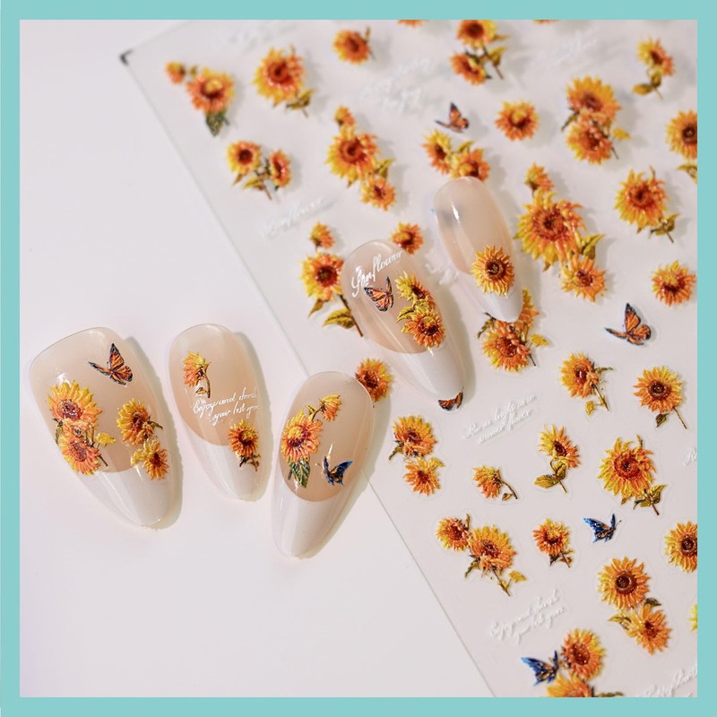 CESTSIREN Sunflower Nail Art Stickers, Embossed Floral Nail Decals, Self-Adhesive,