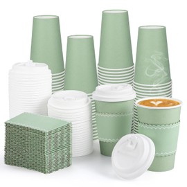 60 Pack Sage Green Coffee Cups with Lids Sleeves, 12oz Insulated To Go Paper Cups Sage Green Party Cups Disposable Easter Paper Cups, Drinking Cups for Wedding Birthday Baby Shower Party Supplies