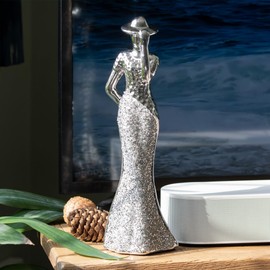 Prodbuy Set of 2 Silver Elegant Lady Figures 29.5cm Tall Silver Ceramic Ornaments