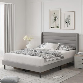 PUNICE Modern Queen Size Platform Bed Frame – Upholstered Chenille Fabric, Winged Headboard, Sturdy Wooden Slat Support, No Box Spring Required, Easy Assembly, Noise-Free, 41.73" Tall (Grey, Queen)