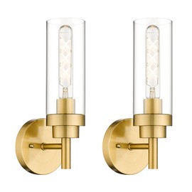 Emak Brushed Gold Sconces Wall Decor Set of 2, Modern Bathroom Light Fixtures Wall Sconce with Clear Glass Shade for Bathroom, Bedroom, Living Room, Hallway, WS085-BGD-2PK