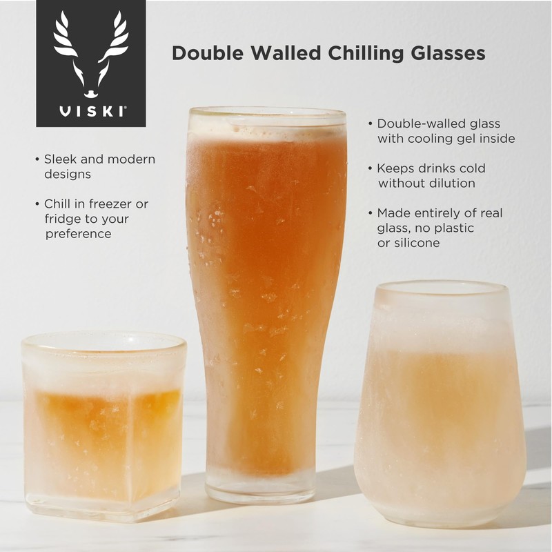 Viski Glacier Double Walled Beer Glass with Active Cooling Gel,