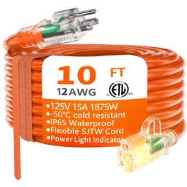 HUANCHAIN 12/3 Gauge Heavy Duty Outdoor Extension Cord 10 ft Waterproof with Lighted end, Flexible Cold-Resistant 3 Prong Electric Cord Outside, 15Amp 1875W 12AWG SJTW, Orange, ETL