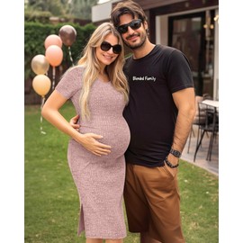 Ficerd Women's Ribbed Split Maternity Dresses V Neck Short Sleeve Ruched Pregnancy Bodycon Clothes Stretchy Knit Baby Shower(Pink,X-Large)