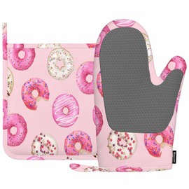 Mxocom Watercolor Donuts Silicone Oven Mitts and Pot Holders Sets Pink Donuts Background BBQ Gloves for Kitchen,Cooking,Baking,Grilling