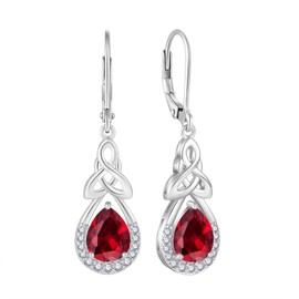 FJ Celtic Knot Dangle Drop Leverback Earrings 925 Sterling Silver Infinity Teardrop Earrings Ruby July Earrings Irish Good Luck Jewellery for Women