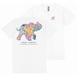 Simply Southern Elephant with Floral Patchwork Conserve & Protect Women's T-Shirt (Medium) White