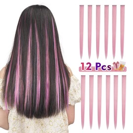Colored Hair Extensions for Kids Women, BARSDAR 12PCS Colored Clip in Hair Extensions Rainbow Party Highlights Synthetic Hairpieces 21 inch Peach Extensions with Rubber Bands