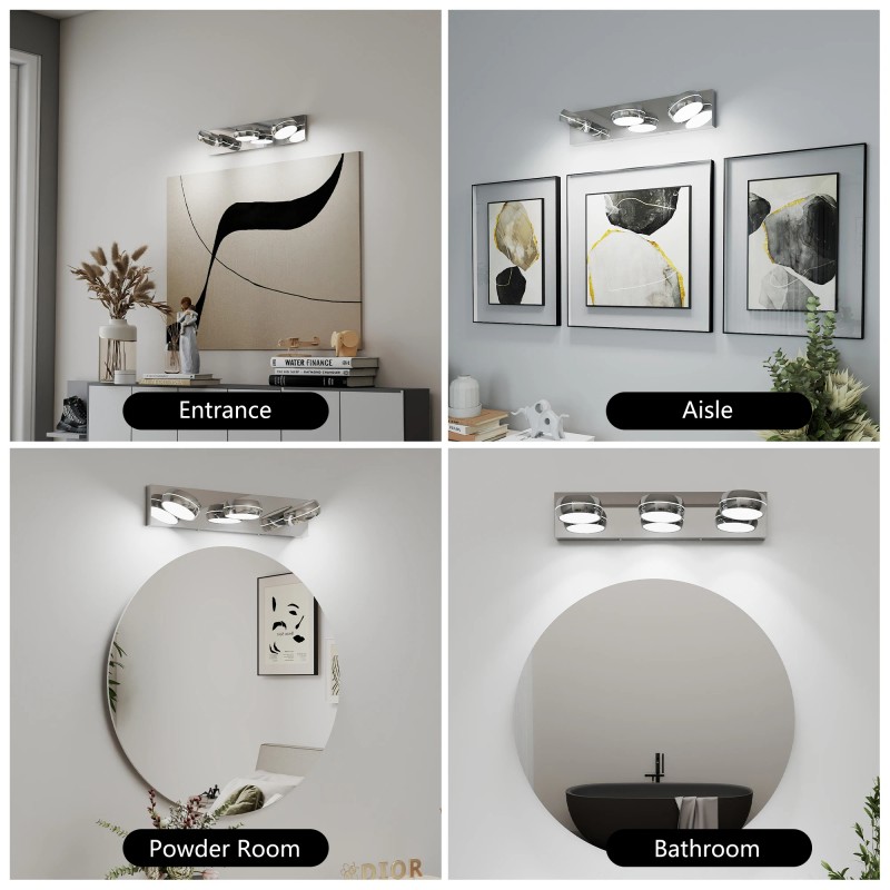 Modern Chrome LED Bathroom Vanity Light Fixtures, 3-Light Dimmable Wall