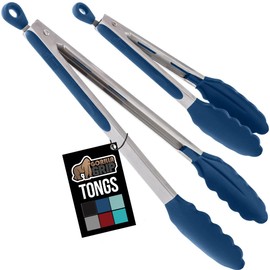 GORILLA GRIP Stainless Steel Heat Resistant Kitchen Tongs for Cooking, Set of 2 BBQ Tong, Non Scratch Silicone Tip for Pans, Strong Grip, Grab Food, Toss Salad, Air Fryer, Pull Lock, 7 + 9 Inch, Blue