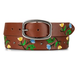 Lucky Brand Women's Embroidered Leather Belt | Stylish | Classic | Western-Inspired | American Heritage | Jean | Pant, Embroidered Floral - Tan, Large