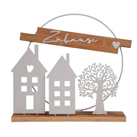UNUS Stand Decorative Sign Home, Bamboo and Metal, White, Filigree Design with Houses and Tree, Year-Round Decoration for Living Room and Entrance Area