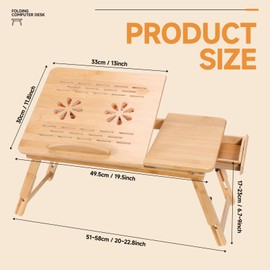 JELNER Adjustable Bamboo Laptop Desk with Cooling Fan, Foldable Bed Tray for Breakfast, Writing, and Drawing, with Tilting Top and Drawer, Portable Lap Desk for Bed, Sofa, and Floor.