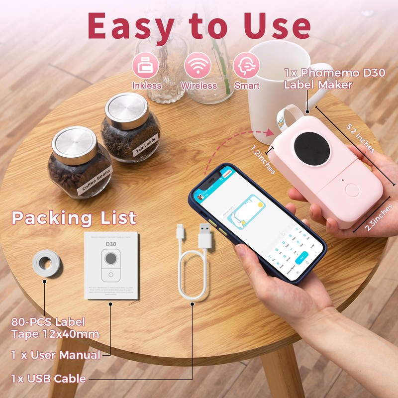Phomemo Label Maker Machine, D30 Portable Handheld Bluetooth Mini Label