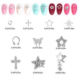XEAOHESY 75 Pieces Alloy Platinum Nail Charms and Gems Star Nail Charms Inlaid Clear Rhinestone Butterfly Charms for Acrylic Nails Cross Nail Charms Punk Y2K Nail Charms for Women Girls Nail Art