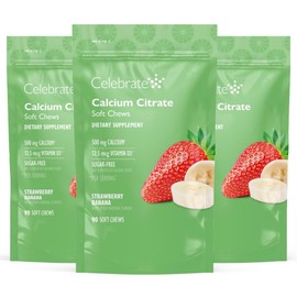 Celebrate Bariatric Supplements Celebrate Vitamins Bariatric 500mg Calcium Citrate Soft Chews with 500 IU Vitamin D3 C Essential for Gastric Bypass Patients & Bone Health - Sugar & Gluten Free, Strawberry Banana (270 Chews)