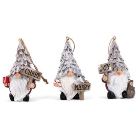 Transpac Birch Gnome with Sign Classic White and Tan 3.25 Inch Resin Hanging Ornament Set of 3