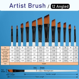 Falling in Art Paint Brushes Set, 12 PCS Nylon Professional Angled Paint Brushes for Watercolor, Oil Painting, Acrylic, Face Body Nail Art, Crafts, Rock Painting