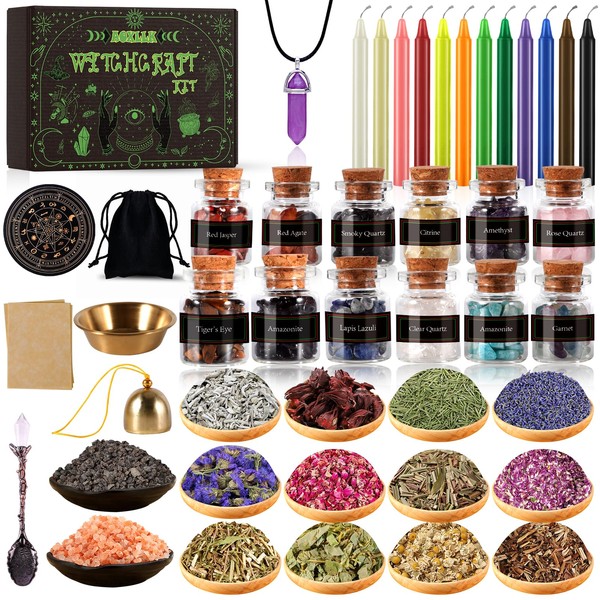 AOXLLK Witchcraft Starter Kit, Witchcraft Supplies and Tools for Wiccan Altar- 54 Pack of Crystals Dried Herbs, Colored Magic Candles, Chakra Discs and Ritual Witches Magic Spoon, Baby Witches