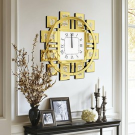 Artloge Crushed Diamond Wall Clock: Decorative 24 inch Round Mirrored Clock with Beveled Glass Mirror Edge Frame and Bling Diamonds, Art Deco Home Modern Decoration for Livingroom, Golden