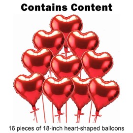 Heart Balloons Red, 16 PCS Heart Shape Foil Balloons Helium Heart Balloons, for Red Valentines, Wedding, Graduation, Baby Shower, Anniversary Heart Balloons Decorations